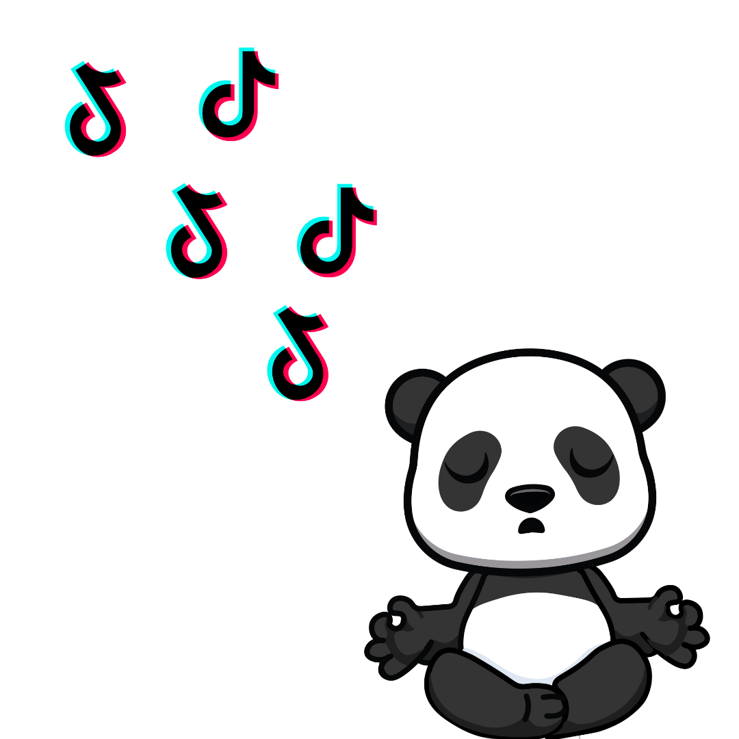 Un panda qui médite avec des logos de tiktok au dessus de sa tête