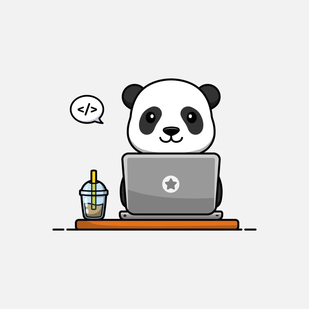 Panda à lunettes tenant une tablette devant une maquette de page web, pour relier ses articles par des liens