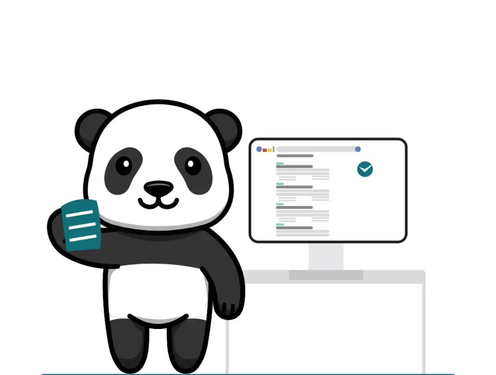 Panda tenant un document à côté d'un écran affichant une page de résultats de recherche validée