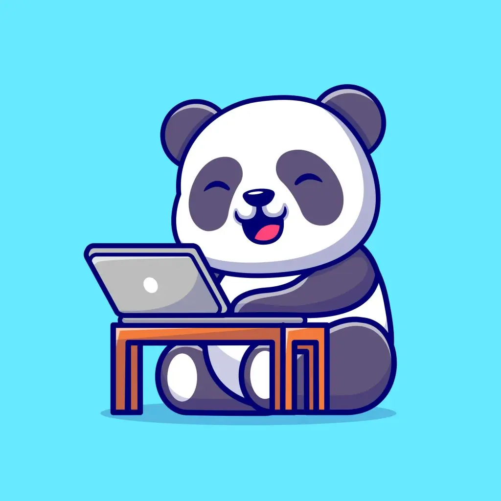 Panda souriant travaillant sur son ordinateur portable pour optimiser les coûts d'une campagne Ads