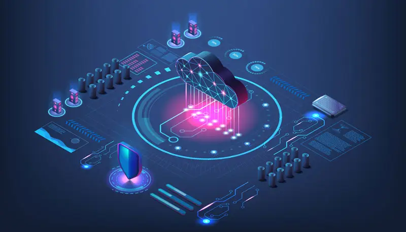 Nuage informatique, serveurs et bouclier de sécurité en vue isométrique, les plateformes numériques visées par le DSA