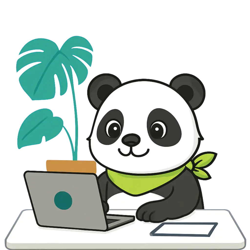 Panda au bandana vert travaillant sur ordinateur portable près d'une plante, pour apparaître sur Google avec Instagram