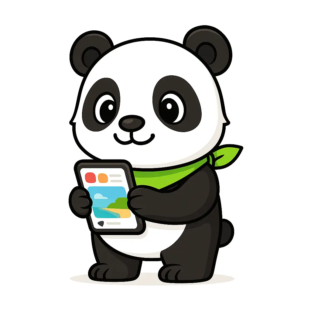 Panda au bandana vert tenant un smartphone affichant une photo, pour choisir le bon format de publication Instagram