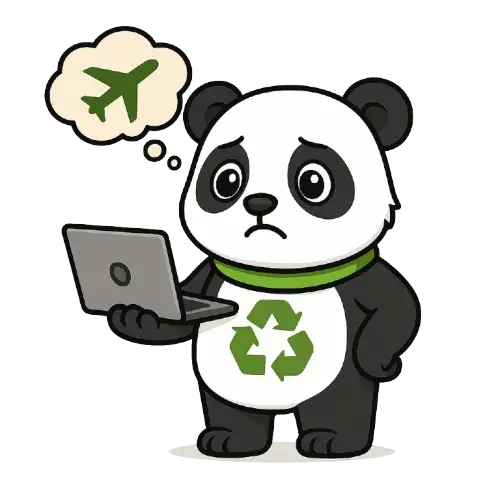 Panda inquiet avec ordinateur et logo recyclage pensant à un avion, enjeu de l'impact environnemental de son site web