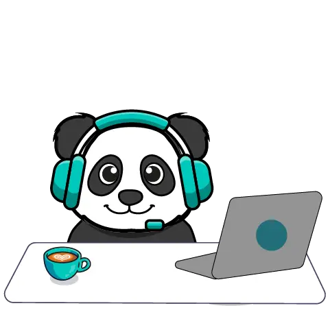Panda avec casque micro à son bureau devant un ordinateur portable et un café, le blog reste un outil efficace