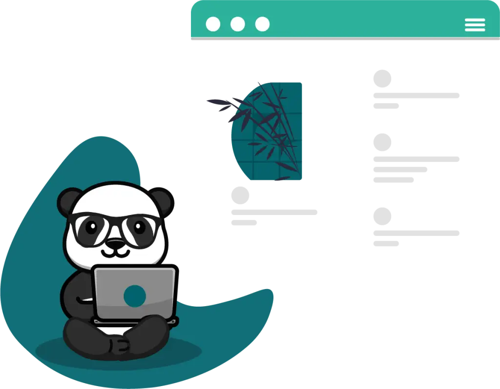 Panda à lunettes assis avec son ordinateur devant une page de blog, pour définir l'objectif et la thématique du blog