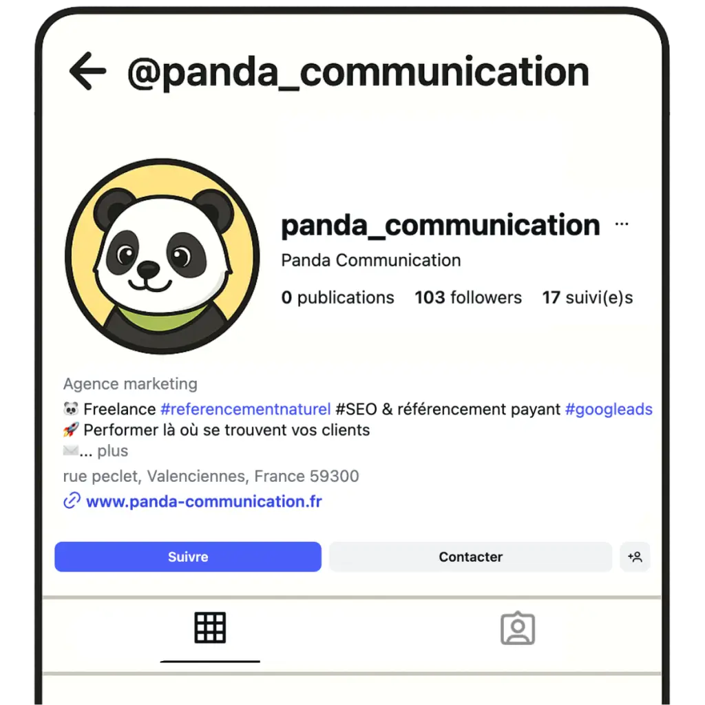 Profil Instagram de panda_communication avec photo, bio agence marketing, adresse à Valenciennes et lien du site