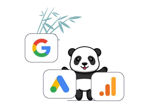 Panda entouré des logos Google, Google Ads et Google Analytics, nouveau standard du tracking server-side