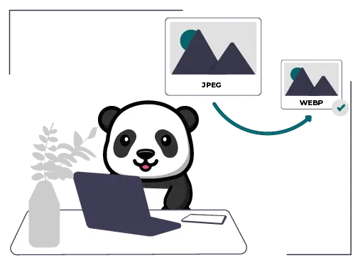Panda sur son ordinateur réduisant une grande image en version allégée, illustrant la compression des images