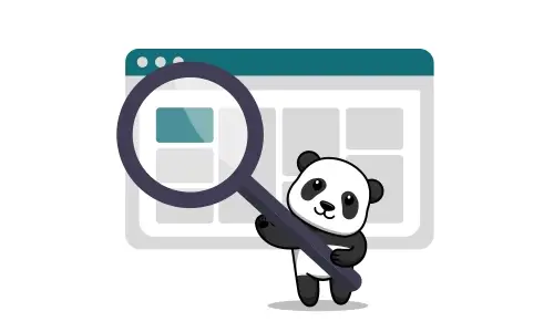 Panda tenant une grande loupe devant une page web, pour soigner le référencement naturel de son blog