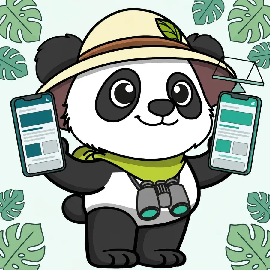 Panda explorateur sur ordinateur devant deux versions A et B d'une page mobile, A/B testing des contenus