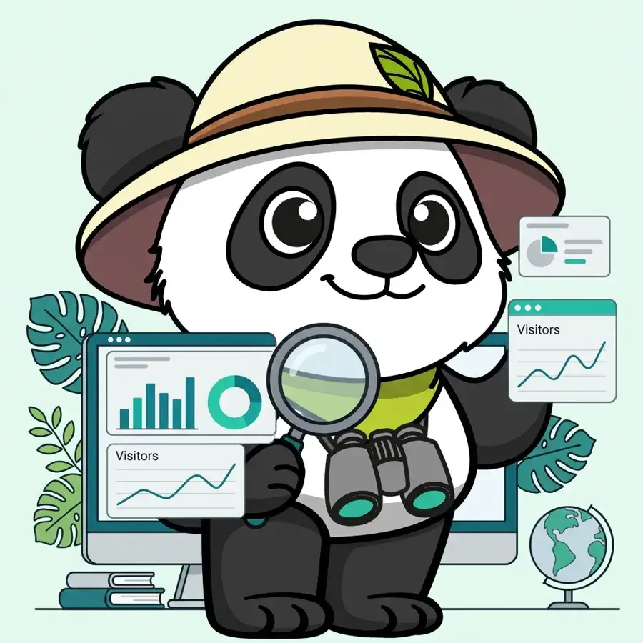 Panda explorateur analysant des statistiques sur un écran Google Analytics, agence certifiée Analytics