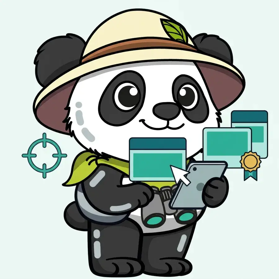 Panda explorateur gérant des campagnes Google Ads et LinkedIn sur tablette, agence certifiée Google Ads