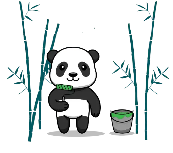 Panda avec un rouleau et un seau de peinture verte entre des bambous, en ouverture des risques éthiques de l'IA