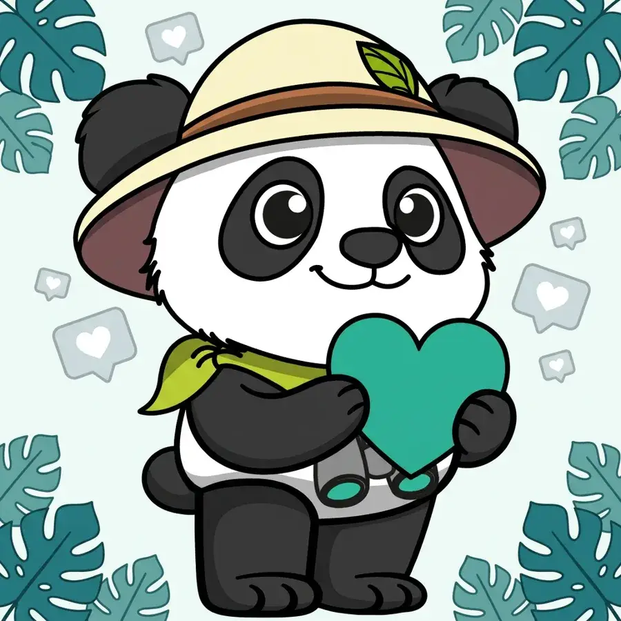 Panda explorateur souriant tenant un cœur, Panda Communication agence proche de ses clients