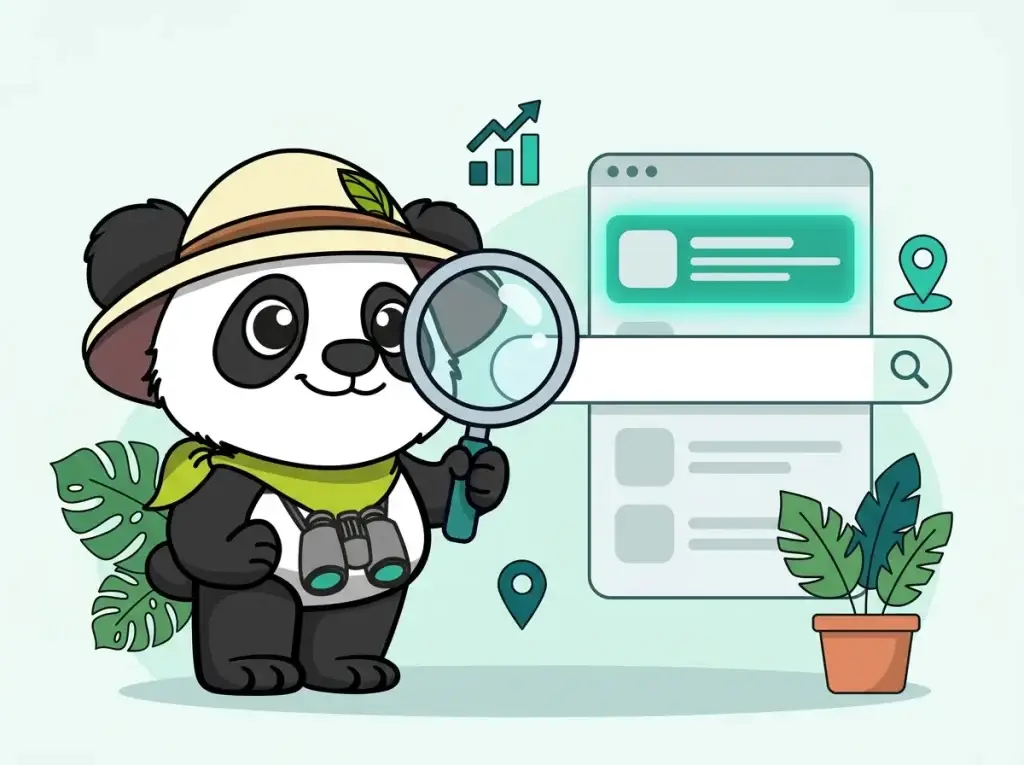 Panda explorateur à la loupe sur une page de résultats Google, agence SEO à Valenciennes