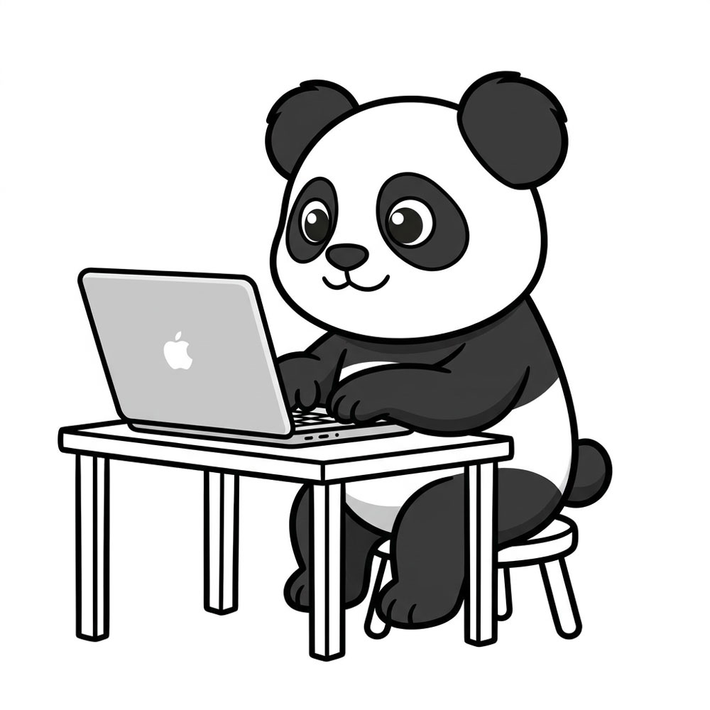 Panda assis à une table travaillant sur un ordinateur portable, illustrant la création de sites par une agence web