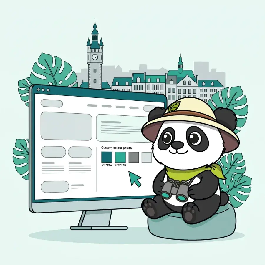 Panda explorateur sur pouf devant un écran de conception web, agence web à Valenciennes Panda Communication