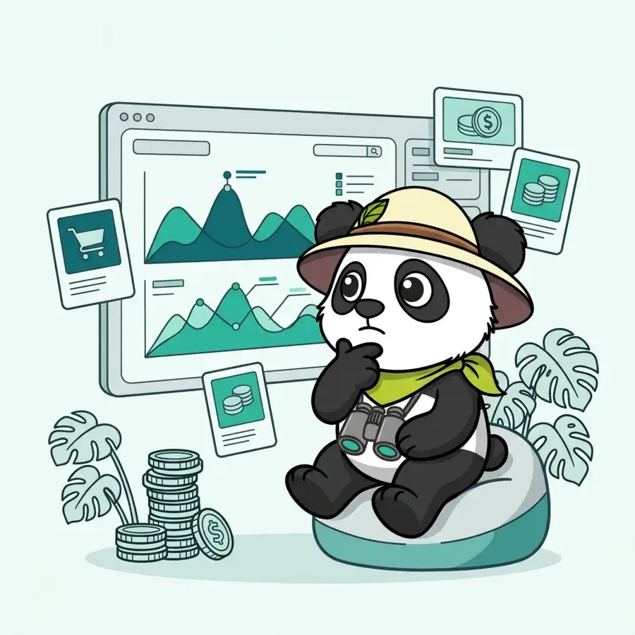 Panda explorateur avec casque sur pouf analysant les courbes de campagnes SEA en e-commerce, Panda avec casque sur pouf analysant les courbes de campagnes SEA e