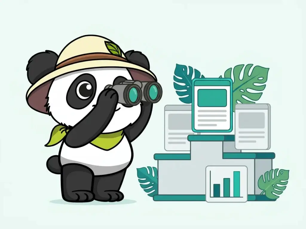 Panda explorateur observant aux jumelles le podium des sites concurrents, audit concurrentiel SEO