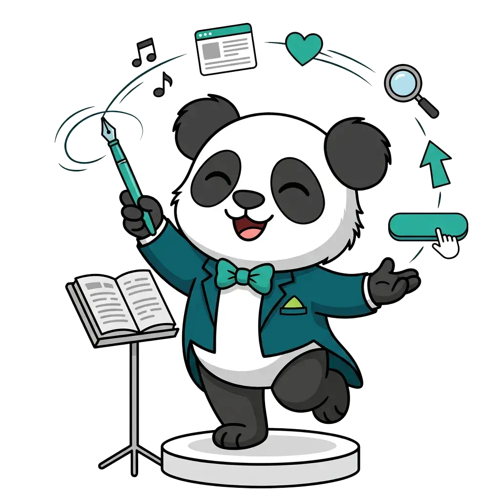 Panda chef d'orchestre dirigeant avec un stylo des contenus web et un bouton d'action, audit de contenus et copywriting SEO