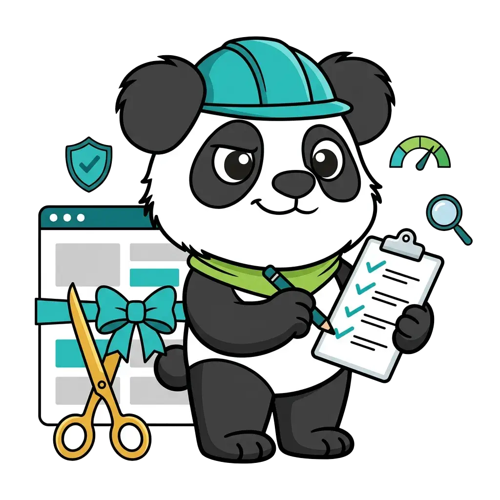 Panda inspecteur cochant une checklist avant d'inaugurer un site web, audit de mise en ligne et référencement