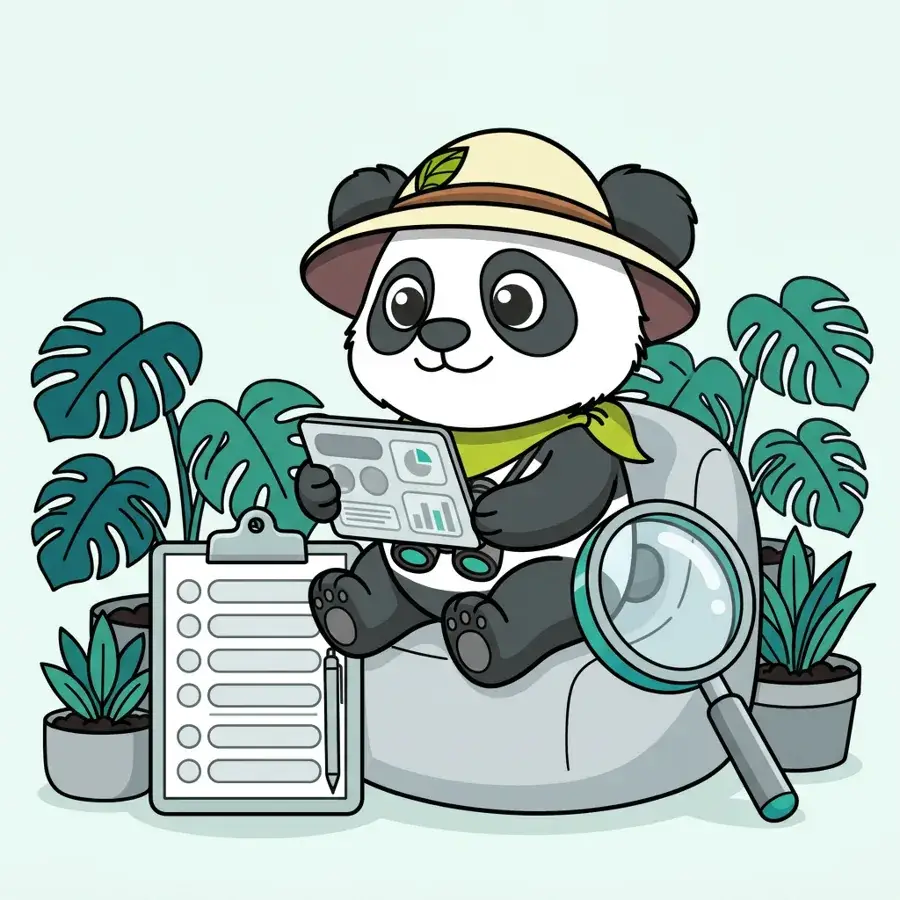 Panda explorateur sur un pouf avec tablette devant une checklist et une loupe, audit de mots clés