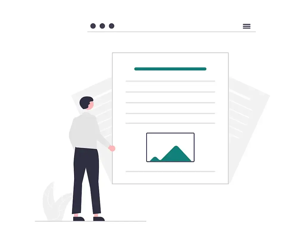 Personnage devant une page web avec titre, texte et image, pour définir son activité lors d'un audit SEO