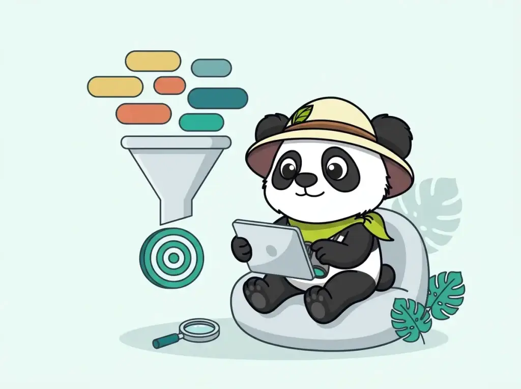 Panda explorateur triant des mots-clés sur tablette pour un audit sémantique SEO