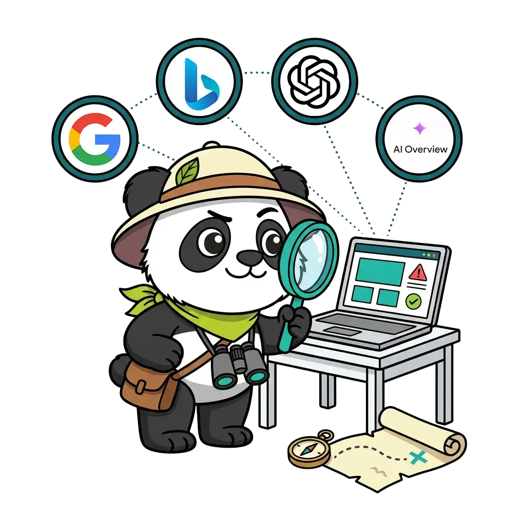 Panda explorateur analysant un site à la loupe entouré des logos Google, AI Overviews, ChatGPT et Bing pour un audit SEO