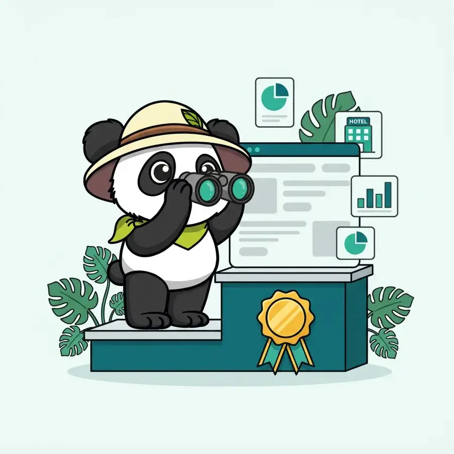 Panda explorateur devant une page classée numéro 1 et des statistiques, audit SEO pour professionnels du tourisme