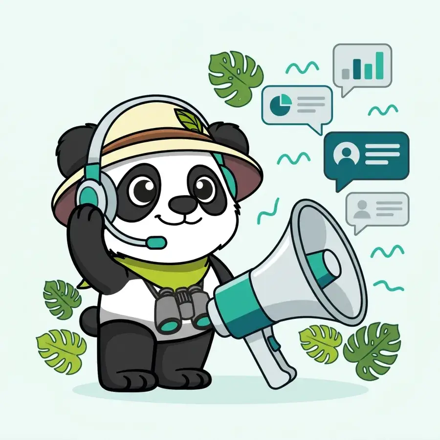 Panda explorateur avec casque devant un mégaphone et des courbes, audit social média et écoute sociale