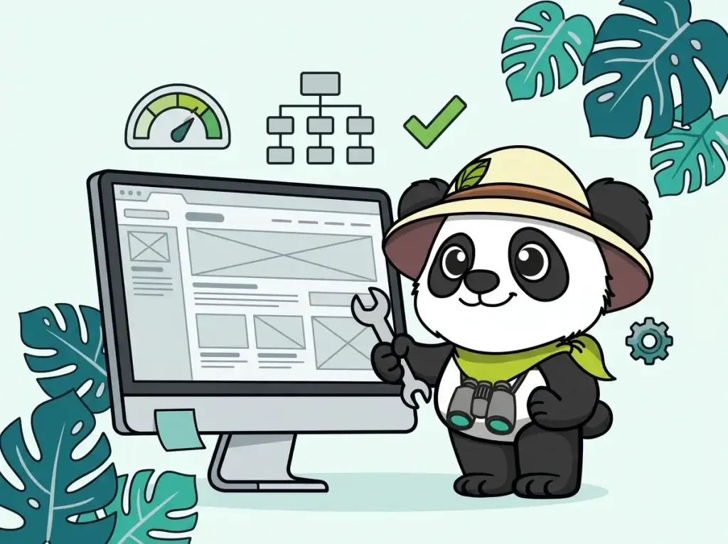 Panda explorateur vérifiant la vitesse et le sitemap d'un site web lors d'un audit technique SEO