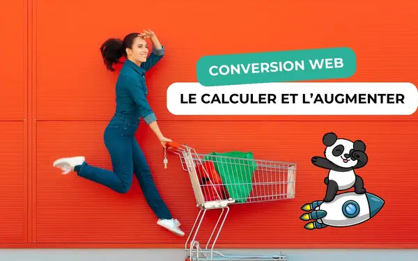 Femme sautant avec un caddie et panda sur une fusée, bannière conversion web, le calculer et l'augmenter