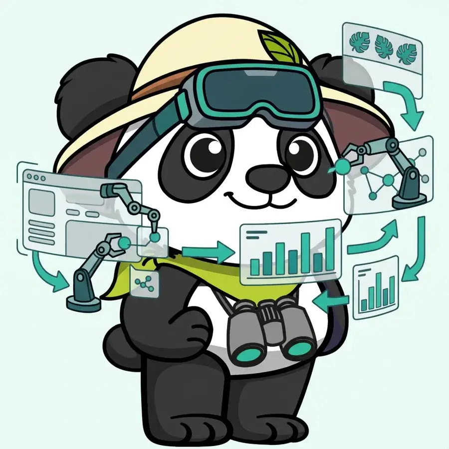 Panda explorateur avec casque de réalité virtuelle manipulant des graphiques, automatisation de la data en dashboarding