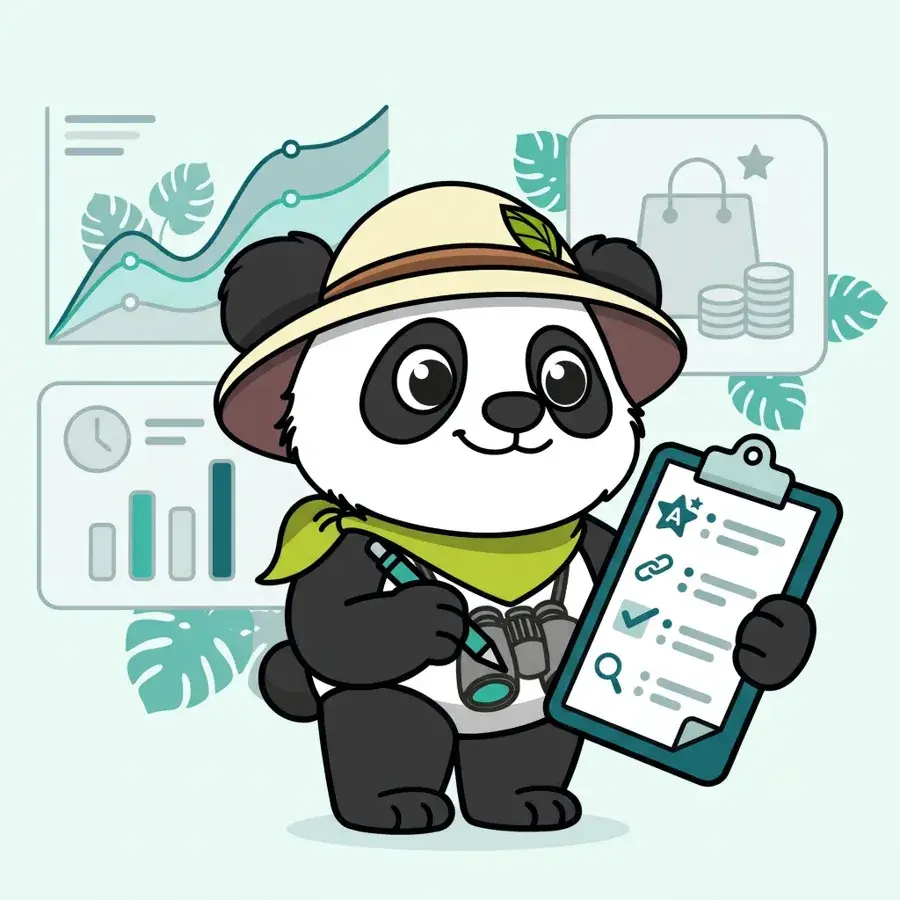Panda explorateur avec casque devant des courbes de suivi, bonnes pratiques SEO pour site e-commerce