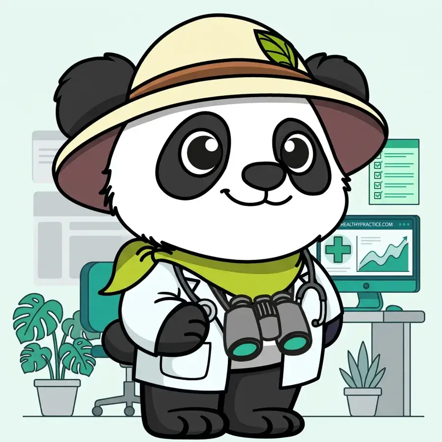 Panda explorateur médecin sur ordinateur devant des courbes, bonnes pratiques SEO pour professionnels de la santé
