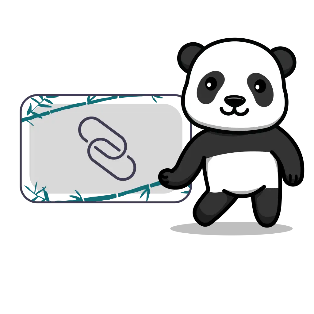 Panda souriant présentant un cadre avec une icône de lien, pour gagner des backlinks de qualité