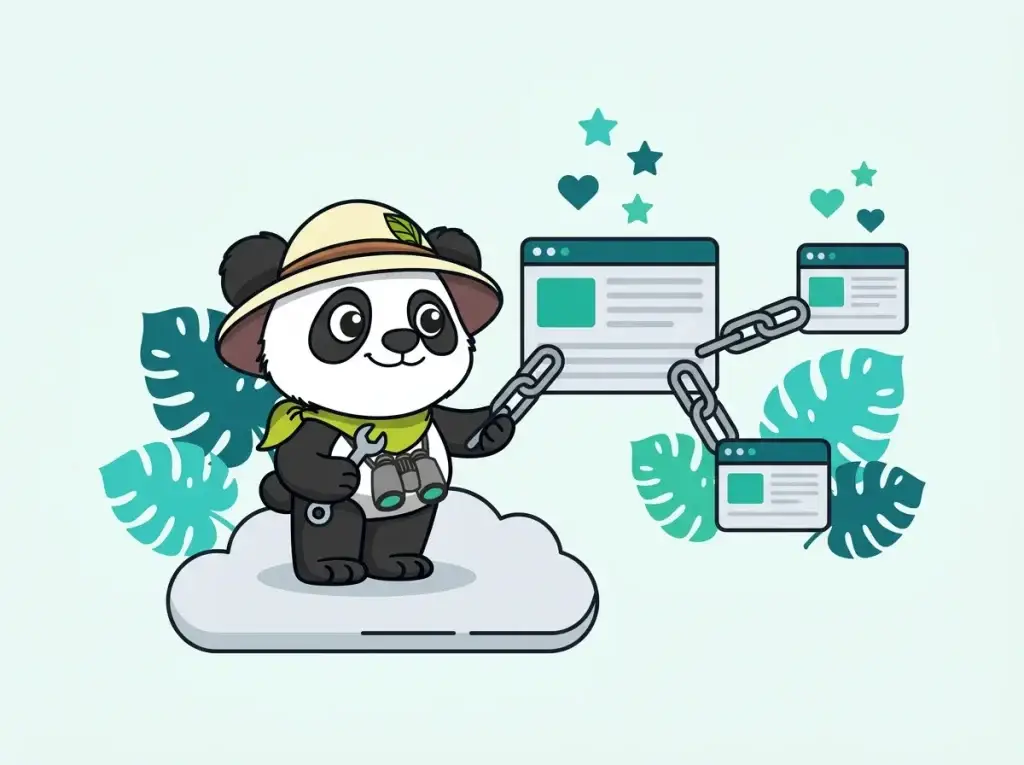 Panda explorateur reliant plusieurs sites par des liens, campagne de netlinking SEO
