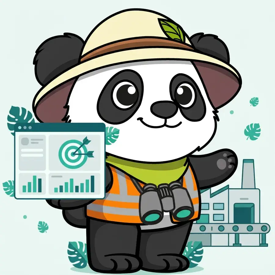Panda explorateur en casque de chantier devant un tableau de bord SEA, campagnes publicitaires dans l'industrie