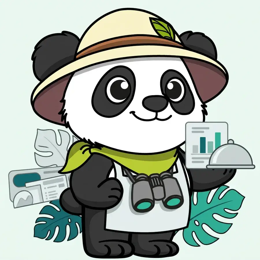 Panda explorateur chef devant un rapport SEA, illustration des landing pages et campagnes SEA pour restaurants