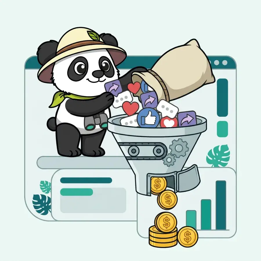 Panda explorateur près d'un entonnoir transformant likes et commentaires en euros, campagnes Social Ads
