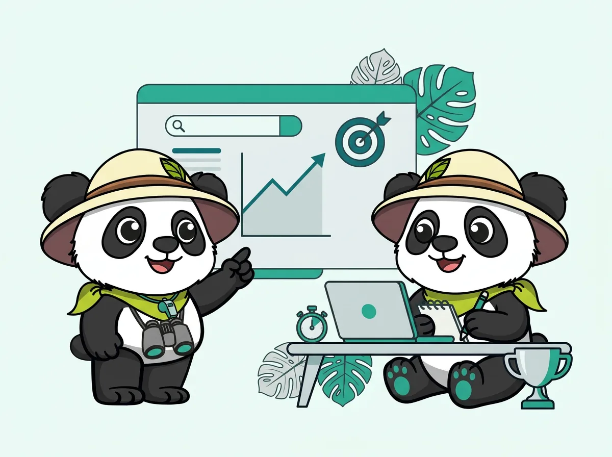 Panda explorateur coach devant un tableau de recherche Google et une courbe en hausse, séance de coaching SEO SEA avec un apprenant