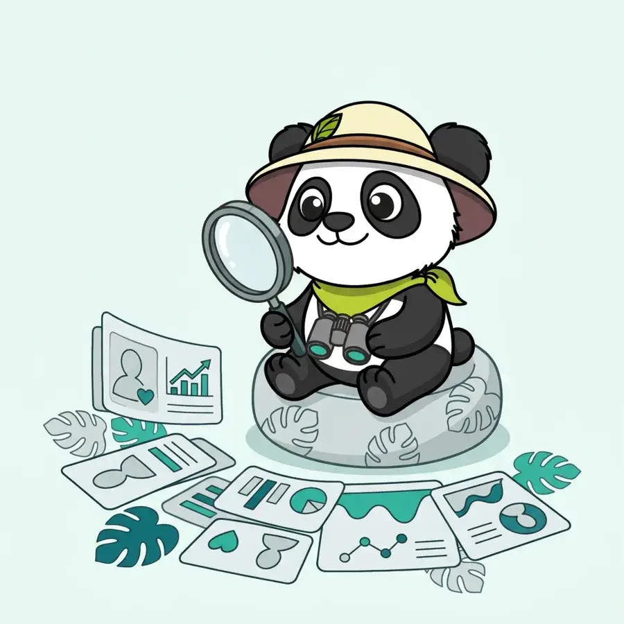 Panda explorateur sur un pouf analysant des courbes avec une loupe, mieux connaître ses clients grâce à la data