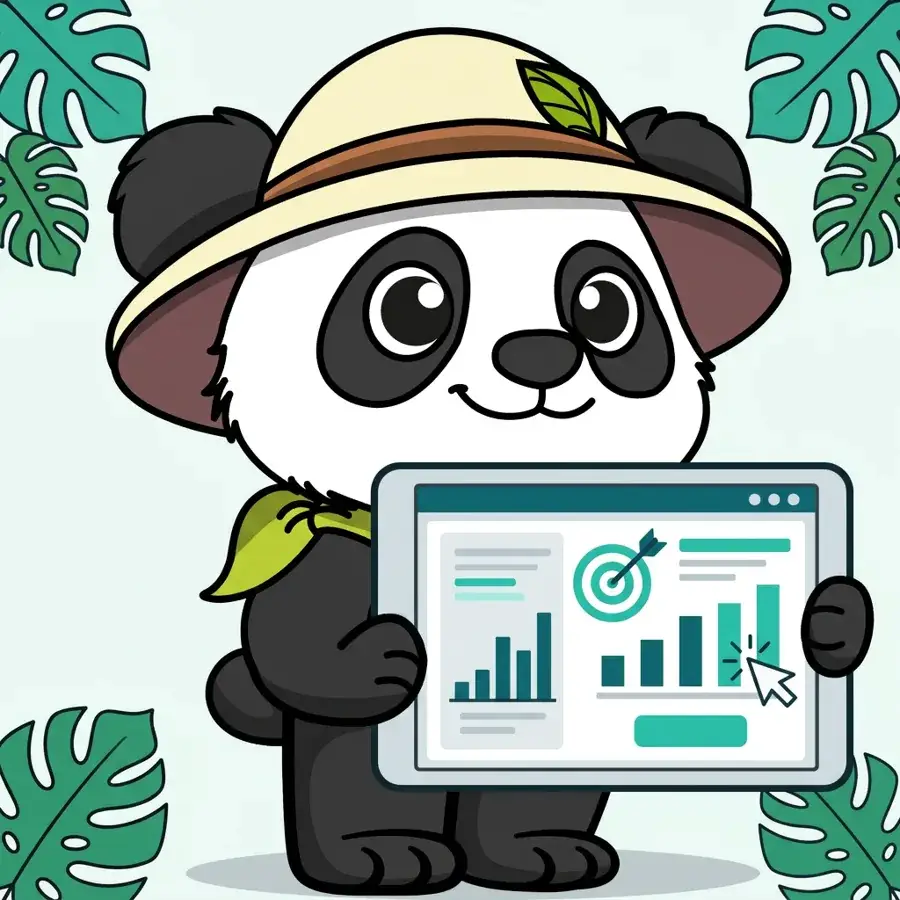 Panda explorateur consultant SEA sur tablette devant un tableau de bord de référencement payant, Panda consultant SEA sur tablette devant un tableau de bord de