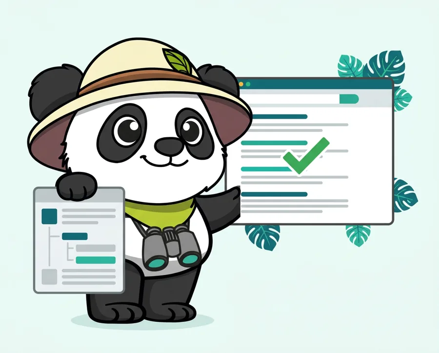 Panda explorateur tenant un document devant un écran de résultats de recherche validé, projet confié au consultant SEO