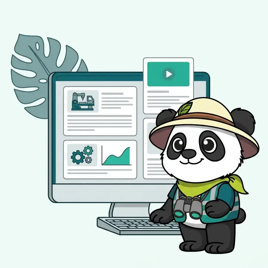 Panda explorateur en casque de chantier sur ordinateur devant des courbes, content marketing pour l'industrie