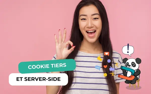 Jeune femme faisant signe OK et panda aimantant des icônes sociales, bannière cookies tiers et tracking server-side