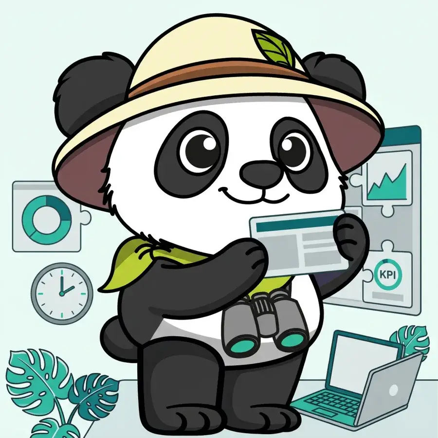 Panda explorateur assemblant un tableau de bord personnalisé avec graphiques et indicateurs KPI, création de dashboarding