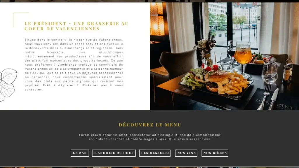 Section présentation du site Le Président, une brasserie au cœur de Valenciennes, avec burger et bière